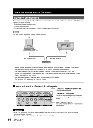 Page 8686 – ENGLISH
  Network connections
The projector is equipped with network functions, and web browser controls can be used to carry out the following 
operations from a computer.
Projector settings and adjustments
Projector status display
Transmission of E-mail messages if there is a problem with the projector
Note
A LAN cable is required to use the network function.
Name and function of network function parts
Attention
If the LAN terminal is touched by electrostatically charged hands (or body), failure...