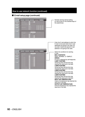 Page 9292 – ENGLISH
E-mail setup page (continued)■
Periodic warning interval setting 
(E-mail is sent on the checked days of 
the week/times)Periodic warning interval setting 
(E-mail is sent on the checked days of 
the week/times)
Enter the E-mail address to which the 
E-mail is to be sent when two E-mail 
addresses are going to be used. Do 
not enter it when the second E-mail 
address is not going to be used.
Select the conditions for sending 
E-mail.
MAIL CONTENTS:
Select “NORMAL” or “SIMPLE”.
ERROR:
an...