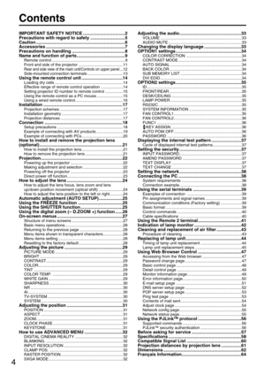 Page 44
Contents
IMPORTANT SAFETY NOTICE ..................................2
Precautions with regard to safety ............................5
Caution ........................................................................6
Accessories ................................................................7
Precautions on handling ...........................................8
Name and function of parts.......................................9
Remote control...