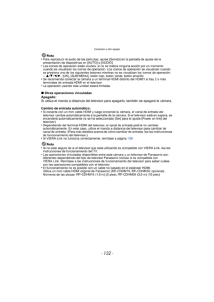 Page 132Conexión a otro equipo
- 132 -
Nota
•Para reproducir el audio de las películas, ajuste [Sonido] en la pantalla de ajuste de la 
presentación de diapositivas en [AUTO] o [AUDIO].
•Los iconos de operación están ocultos, si no se realiza ninguna acción por un momento 
cuando se visualizan los iconos de operación. Los iconos de operación se visualizan cuando 
se presiona uno de los siguientes botones mientras no se visualizan los iconos de operación.
–3/ 4/2 /1, [OK], [SUB MENU], botón rojo, botón verde,...