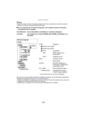 Page 138Conexión a otro equipo
- 138 -
Nota
•Antes de insertar o quitar una tarjeta, apague la cámara y desconecte el cable de conexión 
USB. De lo contrario, pueden destruirse los datos.
∫ Ver el contenido de la memoria integrada o de la tarjeta usando el ordenador 
(composición de la carpeta)
Se crea una nueva carpeta cuando las imágenes  se toman en las situaciones siguientes.
•
Después de ejecutar [N. reinic.]  (P56) en el menú [Conf.]•Cuando ha insertado una tarjeta que contiene el mismo número de carpeta...