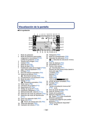 Page 144Otro
- 144 -
OtroVisualización de la pantalla
∫En la grabación
1 Modo de grabación
2 Modo de grabación (para grabar  imágenes en movimiento)  (P107)
Calidad de grabación  (P108)
3 Tamaño de la imagen  (P89)
4 Calidad  (P90)
5 Alerta de 3D  (P26)
6 Modo de flash (P85)
7 Estabilizador óptico de la imagen  (P105)/
: Aviso de trepidación  (P23)
8 Enfoque (P24)
9 Área del enfoque automático  (P24)
10 Balance de blancos  (P92)
: Movimiento borroso  (P36)
11 Compensación a la exposición (P98)
12 Modo de color...