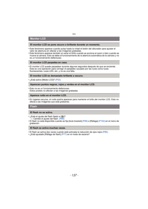 Page 157- 157 -
Otro
•Este fenómeno aparece cuando pulsa hasta la mitad el botón del obturador para ajustar el 
valor de abertura sin afectar a las imágenes grabadas.
•Este fenómeno aparece también al variar el brillo cuando se acciona el zoom o bien cuando se 
mueve la cámara. Esto se debe al funcionamiento de la abertura automática de la cámara y no 
es un funcionamiento defectuoso.
•El monitor LCD puede parpadear durante algunos segundos después de que se enciende. 
Esta es una operación para corregir el...
