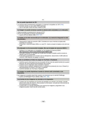 Page 160Otro
- 160 -
•¿La cámara está correctamente conectada a un televisor compatible con 3D? (P30)
> Conecte usando un mini cable HDMI (opcional).
> Fije el interruptor 3D/2D de esta unidad en [3D].
•¿Está conectada correctamente la cámara al PC?•¿El PC ha reconocido la cámara correctamente?
> Ajuste a [PC] en [Modo USB].  (P57, 137)
> Desconecte el cable de conexión USB. Conéctelo de nuevo mientras la tarjeta está 
insertada en la cámara.
> Si hay dos o más terminales USB en un solo PC , intente conectar la...