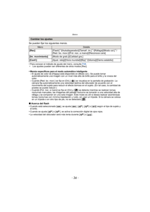 Page 36Básico
- 36 -
Se pueden fijar los siguientes menús.
•
Para conocer el método de ajuste del menú, consulte P48.
¢ Los ajustes pueden ser diferentes de otros modos [Rec].
•Menús específicos para el modo automático inteligente–El ajuste de color de [Happy] está disponible en [Modo col.]. Se puede tomar 
automáticamente una imagen con un nivel más alto de brillo para el brillo y la viveza del 
color.
–Cuando [Red. bo. movi.] se fija en [On], [ ] se visualiza en la pantalla de grabación. La 
cámara fija...