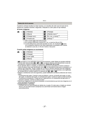 Page 37- 37 -
Básico
Cuando la cámara localiza la mejor escena, se visualiza de color azul el icono de la 
escena en cuestión durante 2 segundos. Después su color pasa al rojo habitual.
Al tomar imágenes
Cuando graba imágenes en movimiento
•
[¦] se ajusta si no es aplicable ninguna de las escenas y están fijados los ajustes estándar.•Cuando esté seleccionado [ ], [ ] o [ ], la cámara detecta automáticamente la cara de 
una persona y ajusta el enfoque y la exposición. (Detección de la cara)
•Si por ejemplo...