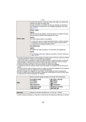 Page 52Básico
- 52 -
•El número de días que pasaron desde la fecha de salida puede imprimirse usando el software 
“ PHOTOfunSTUDIO ” incluido en el CD-ROM (suministrado).
•La fecha del viaje se computa por medio de la fecha fijada en el ajuste del reloj y la fecha de 
salida ajustada. Si ajusta [Hora mundial] al destino del viaje, la fecha del viaje se computa 
usando la fecha en el ajuste del reloj  y en el ajuste del destino del viaje.
•El ajuste de la fecha del viaje se memoriza aunque la cámara esté...