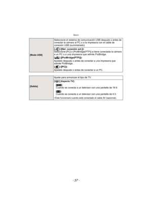 Page 57- 57 -
Básico
[Modo USB]
Seleccione el sistema de comunicación USB después o antes  de 
conectar la cámara al PC o a la impresora con el cable de 
conexión USB (suministrado).
[ ] ([Sel. conexión act.]):
Seleccione [PC] o [PictBridge(PTP)] si tiene conectada la cámara 
a un PC o a una impresora que admite PictBridge.
[ ] ([PictBridge(PTP)]):
Ajústelo después o antes de  conectar a una impresora que 
admite PictBridge.
[ ] ([PC]):
Ajústelo después o antes de conectar a un PC.
Ajuste para armonizar el tipo...