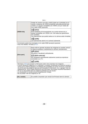 Page 58Básico
- 58 -
•Funcionará cuando hay conectado el mini cable HDMI (accesorio opcional).•Para más detalles, remítase a P131.
•Remítase a  P42 para ampliar la información sobre cómo reproducir las imágenes.•Cuando reproduce imágenes en un ordenador, no pueden visualizarse en la dirección girada a 
menos que el sistema operativo o el software sea compatible con el Exif. El Exif es un formato 
de archivo para las imágenes fijas que permite grabar la información, etc. a agregar. Esto fue 
establecido por...