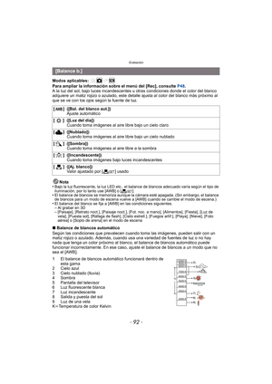 Page 92Grabación
- 92 -
Modos aplicables: 
Para ampliar la información sobre el menú del [Rec], consulte P48.
A la luz del sol, bajo luces incandescentes u otras condiciones donde el color del blanco 
adquiere un matiz rojizo o azulado, este detalle  ajusta al color del blanco más próximo al 
que se ve con los ojos según la fuente de luz.
Nota
•
Bajo la luz fluorescente, la luz LED etc., el balance de blancos adecuado varía según el tipo de 
iluminación, por lo tanto use [AWB] o [ Ó].
•El balance de blancos se...