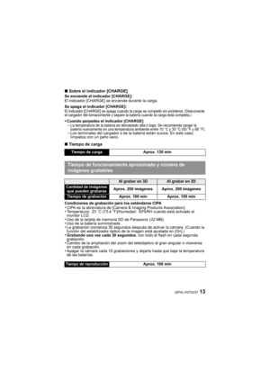 Page 1313(SPA) VQT3U37
∫Sobre el indicador [CHARGE]Se enciende el indicador [CHARGE]:
El indicador [CHARGE] se enciende durante la carga.
Se apaga el indicador [CHARGE]:
El indicador [CHARGE] se apaga cuando la carga se completó sin problema. (Desconecte 
el cargador del tomacorriente y separe la batería cuando la carga está completa.)
•Cuando parpadea el indicador [CHARGE]–La temperatura de la batería es demasiado alta o baja. Se recomienda cargar la 
batería nuevamente en una temperatura ambiente entre 10oC y...