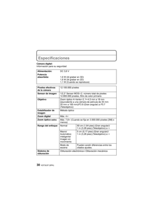 Page 30VQT3U37 (SPA)30
Especificaciones
Cámara digital:
Información para su seguridadAlimentación: DC 3,6 V
Potencia 
absorbida: 1,6 W (Al grabar en 3D)
1,6 W (Al grabar en 2D)
1,1 W (Cuando se reproduce)
Píxeles efectivos 
de la cámara 12.100.000 píxeles
Sensor de imagen 1/2,3q Sensor MOS k2, número total de pixeles 
12.800.000 píxeles, filtro de color primario
Objetivo Zoom óptico 4klentek 2, fl4,5 mm a 18 mm 
(equivalente a una cámara de película de 35 mm:
25 mm a 100 mm)/F3.9 (Gran angular) a F5.7...