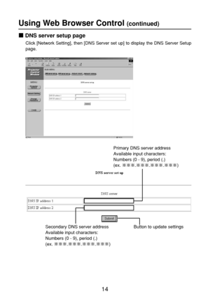 Page 1414
Using Web Browser Control (continued)
Primary DNS server address
Available input characters:
Numbers (0 - 9), period (.)
(ex. ...)
DNS server setup page
Click [Network Setting], then [DNS Server set up] to display the DNS Server Setup
page.
Button to update settings Secondary DNS server address
Available input characters:
Numbers (0 - 9), period (.)
(ex. ...) 