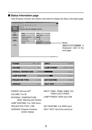 Page 99
Status information page
Click [Projector Control], then [Status information] to display the Status information page.
POWER: ON and OFF
VOLUME: 0 to 20
INTERNAL TEMPERATURE: 
Good, Warning and Caution
LAMP RUNTIME: 0 to 1500 hours 
PROJECTOR TYPE: L785
VERSION: Projector firmware
version displayINPUT: RGB1, RGB2, RGB3, DVI,
VIDEO and S-VIDEO
LAMP POWER: HIGH and LOW
SET RUNTIME: 0 to 2000 hours
SELF TEST: No Errors and ErrorWhen 
is
displayed, refer to the
next page. 