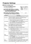 Page 44
Projector Settings
Network settings screen
NETWORK
NETWORK
HOSTNAME
WEB CONTROL
WEB STANDBY
WEB PASSWORD
MAC ADDRESSLAN1
PROJECTOR
OFF                  ON
OFF                  ON
00 : 0B : 97 : 41 : 00 : 00
SELECT : [    ] [    ] ENTER : [ENTER]
ESC : [MENU]Press the [MENU] button.
The menu screen appears.1
Use the [      ] buttons to display
the Network Settings screen, then
press the [ENTER] button.2
Use the [       ] buttons to select a
parameter, then change its setting.3
WEB
CONTROL
WEB
STANDBYUse...