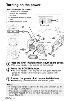 Page 24Turning on the power
Before turning on the power
1, Ensure that all peripheral
devices are connected
properly.
2, Connect the accessory power
cord.
3, Remove the lens cover.
Lens cover
Press the MAIN POWER switch to turn on the power.
BThe power indicator on the projector will illuminate red.
Press the POWER button.
BThe power indicator on the projector will flash green. After a short
period, the indicator will illuminate green, and a picture will be
projected.
Turn on the power of all connected...