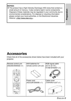 Page 9ENGLISH-9
Preparation
Remote control unit
(N2QAEA000022 x1)AAA batteries for
remote control unit (x2)RGB signal cable 
[3.0 m (9´10˝),
K1HB15FA0001 x1]
Accessories
Check that all of the accessories shown below have been included with your
projector.
VIDEORGB
ALL SETA
Power cord
(K2CG3FZ00008 x 1)Cable cover
(TXFKR01VJX7 x1)
NOTICE:
BThis product has a High Intensity Discharge (HID) lamp that contains a
small amount of mercury. It also contains lead in some components.
Disposal of these materials may be...