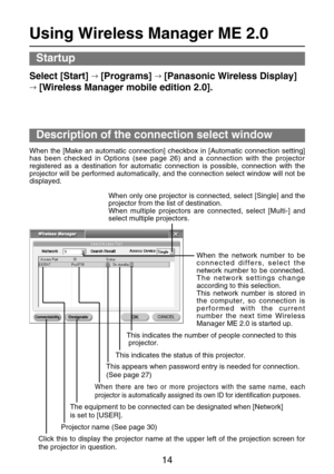 Page 1414
Using Wireless Manager ME 2.0
Description of the connection select window
When the network number to be
connected differs, select the
network number to be connected.
The network settings change
according to this selection.
This network number is stored in
the computer, so connection is
performed with the current
number the next time Wireless
Manager ME 2.0 is started up.
This indicates the number of people connected to this
projector.
This indicates the status of this projector.
This appears when...