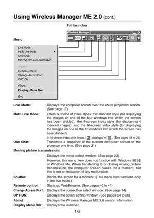 Page 1616
Using Wireless Manager ME 2.0 (cont.)
Full launcher
Menu
Live Mode:Displays the computer screen over the entire projection screen.
(See page 17)
Multi Live Mode:Offers a choice of three styles: the standard style (for displaying
the images on one of the four windows into which the screen
has been divided), the 4-screen index style (for displaying 4
indexed images), and the 16-screen index style (for displaying
the images on one of the 16 windows into which the screen has
been divided).
In 16-screen...