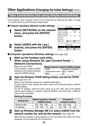 Page 3232
Computer operations (Wireless settings(See page 35))
Open the Windows TCP/IP Setting window, and set the TCP/IP.
(See page 33 or 34)
Refer to the Windows manual for a detailed description.
For the subnet mask, register the same value as the default projector network
[USER] setting.
For the IP address, enter the same value up to the “255” part of the default
subnet mask setting for projector network [USER], and then enter a different
value for the remainder.2
Start up the wireless card utility.
When...