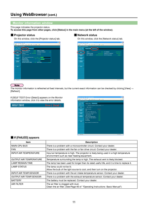 Page 1111
Using WebBrowser (cont.)
Monitor information window
This page indicates the projector status.
To access this page from other pages, click [Status] in the main menu (a\
t the left of the window).
Projector status 
„
On this window, click the [Projector status] tab.
Network status 
„
On this window, click the [Network status] tab.
The monitor information is refreshed at fixed intervals, but the current exact information can be checked by clicking [V iew] → 
[Refresh].
If [SELF TEST Error...