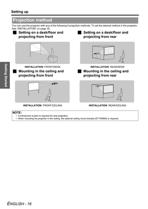 Page 16Getting Started
Setting up
ENGLISH - 16
You can use the projector with any of the following 4 projection methods. To set the desired method in the projector, 
See “INSTALLATION” on page 35..
Projection method
JSetting on a desk/floor and 
projecting from front JSetting on a desk/floor and 
projecting from rear
INSTALLATION: FRONT/DESKINSTALLATION: REAR/DESK
JMounting in the ceiling and 
projecting from frontJMounting in the ceiling and 
projecting from rear
INSTALLATION: FRONT/CEILINGINSTALLATION:...