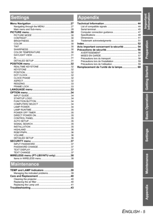 Page 5Preparation Getting Started Basic Operation Settings Maintenance Appendix
ENGLISH - 5
Important 
Infomation
Menu Navigation .......................................................27
Navigating through the MENU ........................................ 27
Main menu and Sub-menu.............................................. 28
PICTURE menu ..........................................................30
PICTURE MODE ............................................................ 30
CONTRAST...