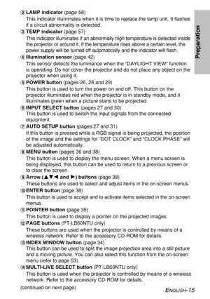 Page 15
ENGLISH-15
Preparation
$LAMP indicator  (page 58)
This indicator illuminates when it is time to replace the lamp unit. It \
flashes
if a circuit abnormality is detected.
% TEMP indicator  (page 57)
This indicator illuminates if an abnormally high temperature is detected\
 inside
the projector or around it. If the temperature rises above a certain lev\
el, the
power supply will be turned off automatically and the indicator will flash.
& Illumination sensor  (page 42)
This sensor detects the luminance...