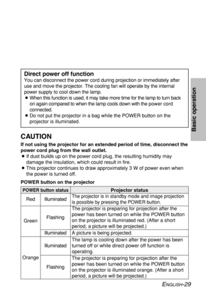 Page 29
ENGLISH-29
POWER button on the projector
POWER button status
RedIlluminatedThe projector is in standby mode and image projection
is possible by pressing the POWER button.
A picture is being projected.
The lamp is cooling down after the power has been
turned off or while direct power off function is
operating.
The projector is preparing for projection after the
power has been turned on while the POWER button
on the projector is illuminated orange. (After a short
period, a picture will be projected.) The...