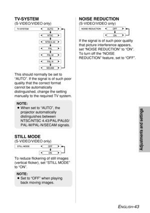 Page 43
ENGLISH-43
Adjustments and settings
NOISE REDUCTION
(S-VIDEO/VIDEO only)
If the signal is of such poor quality
that picture interference appears,
set “NOISE REDUCTION” to “ON”.
To turn off the “NOISE
REDUCTION” feature, set to “OFF”.
STILL MODE
(S-VIDEO/VIDEO only)
To reduce flickering of still images
(vertical flicker), set “STILL MODE”
to “ON”. This should normally be set to
“AUTO”. If the signal is of such poor
quality that the correct format
cannot be automatically
distinguished, change the setting...