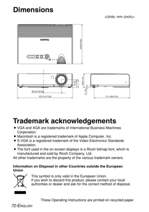 Page 72
72-ENGLISH
These Operating Instructions are printed on recycled paper.
Trademark acknowledgements
BVGA and XGA are trademarks of International Business Machines
Corporation.
B Macintosh is a registered trademark of Apple Computer, Inc.
B S-VGA is a registered trademark of the Video Electronics Standards
Association.
B The font used in the on-screen displays is a Ricoh bitmap font, which is\
manufactured and sold by Ricoh Company, Ltd.
All other trademarks are the property of the various trademark...