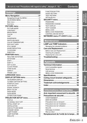 Page 5Important 
Information
Preparation
Getting Started
Basic Operation
Settings
Maintenance
Appendix
ENGLISH - 5
Settings
Menu Navigation  ...................................... 27
Navigating through the MENU  ............................. 27
ON-SCREEN MENU  ............................................ 28
Main menu  ........................................................... 28
Sub-menu  ............................................................ 28
PICTURE menu ........................................ 30...