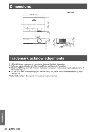 Page 58Dimensions
Appendix
58 - ENGLISH
Dimensions
Unit: mm
233 
(9 - 5/32")
97
3 - 13/16"
883 - 7/16"
93
3 - 21/32"
 - 3/16"   5
4
- 5/32"
9
- 1 1/32"
2 - 1/8"
   54.5
3
- 3/32"
368 (14 - 15/32")
3 - 15/32"
88.6 103.6
4 - 1/16"194.47 - 5/8"
 
 
Trademark acknowledgements
 
 
VGA and XGA are trademarks of International Business Machines Corporation. 
z
S-VGA is a registered trademark of the Video Electronics Standards Association. 
z
HDMI, the HDMI logo and...