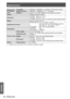 Page 56Appendix
56 - ENGLISH
Specifications
Wireless LAN 
(PT-LB90NTU 
only)Compatible
IEEE802.11 b/IEEE802.11 g (Wireless LAN standard protocol)
Wireless channel IEEE802.11 b/IEEE802.11 g: 1 - 13 channels
Distance Approx. 30 m (98'5") (depends on the usage environment)
Cabinet Moulded plastic (PC+ABS)
Dimensions Width: 
368 mm (14  1/2")
 
z
Height:  88 mm (3  1/2") 
z
Length:  233 mm (9  1/8") (not including surface projection parts) 
z
Weight Approx. 2.96 kg (6.6 lbs.) *3
Operating...