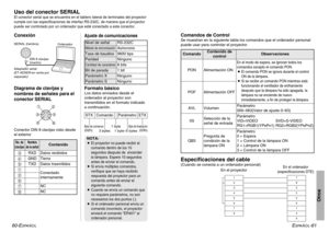 Page 67ESPAÑOL
-61
Otros
60-E
SPAÑOL
Uso del conector SERIALEl conector serial que se encuentra en el tablero lateral de terminales del proyector
cumple con las especificaciones de interfaz RS-232C, de manera que el proyector
puede ser controlado por un ordenador que esté conectado a este conector. ConexiónDiagrama de clavijas y
nombres de señales para el
conector SERIAL
DIN 8 clavijas
(macho)
Adaptador serial
(ET-ADSER:en venta por
separado) SERIAL (hembra)
Ordenador
Formato básicoLos datos enviados desde el...