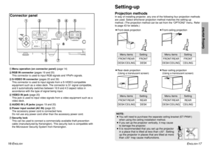 Page 9ENGLISH
-17
Getting started
16-E
NGLISH
Connector panel#Menu operation (on connector panel) (page 14)
$RGB IN connector (pages 19 and 20)
This connector is used to input RGB signals and YP
BPRsignals.
%S-VIDEO IN connector (pages 20 and 39)
This connector is used to input signals from a S-VIDEO-compatible
equipment such as a video deck. The connector is S1 signal compatible,
and it automatically switches between 16:9 and 4:3 aspect ratios in
accordance with the type of signal being input.
&VIDEO IN jack...