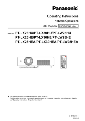 Page 1Operating Instructions 
Network Operations
LCD Projector  Commercial Use
SO - LE4AC
Model No. PT-LX26HU/PT-LX30HU/PT-LW25HU 
P T- L X 2 6 H E / P T- L X 3 0 H E / P T- LW 2 5 H E 
P T- L X 2 6 H E A / P T- L X 3 0 H E A / P T- LW 2 5 H E A
  This manual explains the network operation of the projector.  
For information other than the network operation, such as the usage, inspection and replacement of parts, 
see “Operating Instructions - Projector Operations”.
ENGLISH 