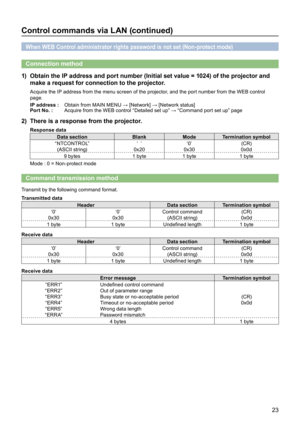 Page 2323
Control commands via LAN (continued)
When WEB Control administrator rights password is not set (Non-protect mode)
Connection method
Obtain the IP address and port number (Initial set value = 1024) of the projector and 1) 
make a request for connection to the projector.
Acquire the IP address from the menu screen of the projector, and the port number from the WEB control 
page.
IP address :Obtain from MAIN MENU → [Network] → [Network status]
Port No. :Acquire from the WEB control “Detailed set up” →...