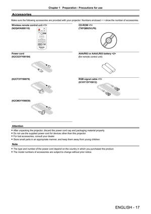 Page 17ENGLISH - 17
Accessories
Make sure the following accessories are provided with your projector. Numbers enclosed < > show the number of accessories.
Wireless remote control unit 
(N2QAYA000110) CD-ROM 
(TXFQB02VLP8)
Power cord
(K2CG3YY00184)AAA/R03 or AAA/LR03 battery 
(for remote control unit)
(K2CT3YY00079)RGB signal cable 
(K1HY15YY0012)
(K2CM3YY00039)
Attention
 
f After unpacking the projector, discard the power cord cap and packaging material properly.
 
f Do not use the supplied power cord for...