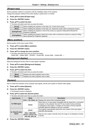 Page 51ENGLISH - 51
[Project way]
Set the projection method in accordance with the installation status of \
the projector.
Change the projection method if the screen display is upside down or inverted.
1) Press as to select [Project way]. 
2)  Press the  button.
3)  Press as to switch the item.
 
f The items will switch each time you press the button.
[Front] When installing the projector on the desk, etc. in front of the screen.
[Rear] When installing the projector on the desk, etc. behind the screen (with a...