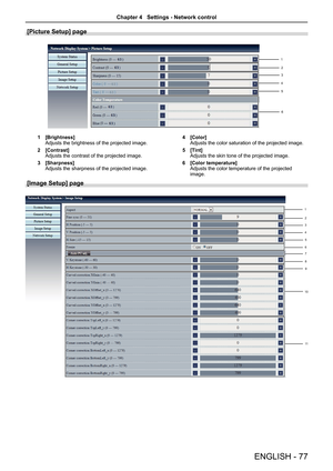 Page 77ENGLISH - 77
[Picture Setup] page
1
2
3
4
5
6
1 [Brightness]
Adjusts the brightness of the projected image.
2  [Contrast]
Adjusts the contrast of the projected image.
3  [Sharpness]
Adjusts the sharpness of the projected image. 4 
[Color]
Adjusts the color saturation of the projected image.
5  [Tint]
Adjusts the skin tone of the projected image.
6  [Color temperature]
Adjusts the color temperature of the projected 
image.
[Image Setup] page
1
2
3
4
8
9
10
11
5
6
7
Chapter 4   Settings - Network control  