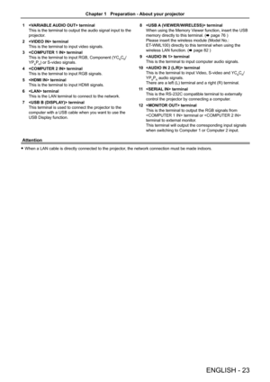 Page 23ENGLISH - 23
Attention
 fWhen a LAN cable is directly connected to the projector, the network connection must be made indoors.
1  terminal
This is the terminal to output the audio signal input to the 
projector.
2  terminal
This is the terminal to input video signals.
3  terminal
This is the terminal to input RGB, Component (YCBCR/
YPBPR) or S-video signals.
4  terminal
This is the terminal to input RGB signals.
5  terminal
This is the terminal to input HDMI signals.
6  terminal
This is the LAN terminal...
