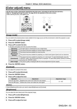 Page 53ENGLISH - 53
[Color adjust] menu
On the menu screen, select [Color adjust] from the main menu, and select\
 an item from the sub-menu.Refer to “Navigating through the menu” (x page 45) for the operation of the menu screen.
 fAfter selecting the item, press as to set.
[Image mode]
You can switch to the desired picture mode suitable for the image source and the environment in which the projector is used.
1) Press as to select [Image mode]. 
2) Press the  button.
3) Press as to switch the item.
 fThe items...