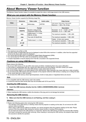 Page 7676 - ENGLISH
About Memory Viewer function
The Memory Viewer function makes it is possible to project the video or still image \
stored in the USB memory.
What you can project with the Memory Viewer function
Memory Viewer function supports the following image files.
Video
ExtensionVideo codecAudio codecVideo format
aviMotionJpegADPCMYUV 4:4:4, YUV 4:2:2, YUV 4:2:0
Maximum : 1 280 x 720, 30 fps
Picture
ExtensionFormatDescription
jpg/jpegBaseline coding 24 bitsProgressive RGB 24 bitsResolution : 8 x 8 ~ 10...