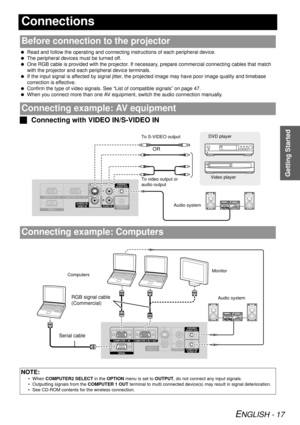 Page 17Getting Started
ENGLISH - 17
Connections
 Read and follow the operating and connecting in structions of each peripheral device.
  The peripheral devices  must be turned off.
  One RGB cable is provided with the projector. If necess ary, prepare commercial connecting cables that match 
with the projector and each peripheral device terminals.
  If the input signal is affected by signal jitter, the  projected image may have poor image quality and timebase 
correction is effective.
  Confirm the type of...