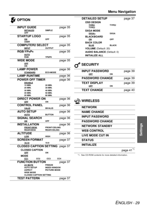 Page 29Menu Navigation
ENGLISH - 29
Settings
 OPTION SECURITY
 WIRELESS
INPUT GUIDEpage 35
DETAILEDSIMPLE
OFF
STARTUP LOGO page 35
ONOFF
USER
COMPUTER2 SELECT page 35
INPUTOUTPUT
RGB/YPBPRpage 35
AUTO
RGBYPBPR
WIDE MODE page 35
OFF
ON
LAMP POWERpage 36
STANDARDECO-MODE
LAMP RUNTIMEpage 36
POWER OFF TIMER page 36
DISABLE
15 MIN.20 MIN.
25 MIN. 30 MIN.
35 MIN. 40 MIN.
45 MIN. 50 MIN.
55 MIN. 60 MIN.
DIRECT POWER ON page 36
OFFON
CONTROL PANELpage 36
VALIDINVALID
AUTO SETUPpage 36
AUTOBUTTON
SIGNAL SEARCHpage 36...