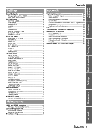 Page 5Preparation
Getting Started
Basic Operation
Settings
Maintenance
Appendix
ENGLISH - 5
Contents
Important 
Infomation
Menu Navigation .......................................................27
Navigating through the MENU . ....................................... 27
Main menu and Sub-menu.............................................. 28
PICTURE menu ..........................................................30
PICTURE MODE ............................................................ 30
CONTRAST...