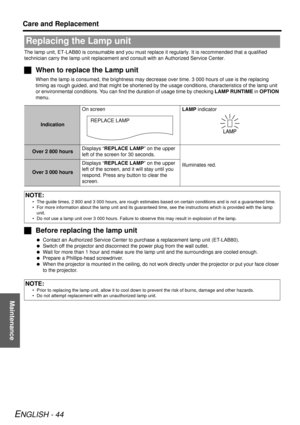 Page 44Maintenance
Care and Replacement
ENGLISH - 44
The lamp unit, ET-LAB80 is consumable and you must replace it regularly. It is recommended that a qualified 
technician carry the lamp unit replacement and consult with an Authorized Service Center.
JWhen to replace the Lamp unit
When the lamp is consumed, the brightness may decrea se over time. 3 000 hours of use is the replacing 
timing as rough guided, and that might be shortened by  the usage conditions, characteristics of the lamp unit 
or environmental...