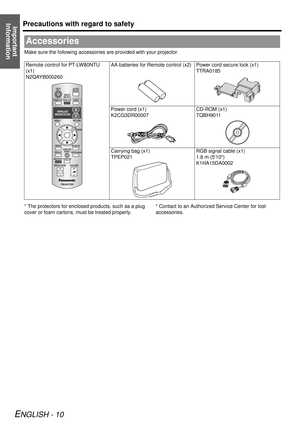 Page 10Precautions with regard to safety
ENGLISH - 10
Important 
Information
Make sure the following accessories are provided with your projector.
* The protectors for enclos ed products, such as a plug 
cover or foam cartons, must be treated properly. * Contact to an Authorized Service Center for lost 
accessories.
Accessories
Remote control for PT-LW80NTU 
(x1)
N2QAYB000260AA batteries for Remote control (x2) Power cord secure lock (x1)
TTRA0185
Power cord (x1)
K2CG3DR00007 CD-ROM (x1)
TQBH9011
Carrying bag...