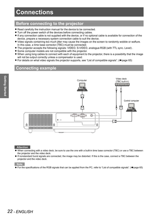 Page 2222 - ENGLISH
Getting Started
Connections
Before connecting to the projector
Read carefully the instruction manual for the device to be connected. z
Turn off the power switch of the devices before connecting cables. z
If any connection cable is not supplied with the device, or if no option\
al cable is available for connection of the  z
device, prepare a necessary system connection cable to suit the device.
Video signals containing too much jitter may cause the images on the screen to randomly wobble or...